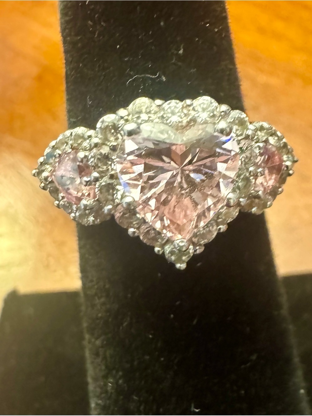 Diamonique Platinum Clad Ring Pink Heart Halo Three-Stone Ring - Women Jewelry 6